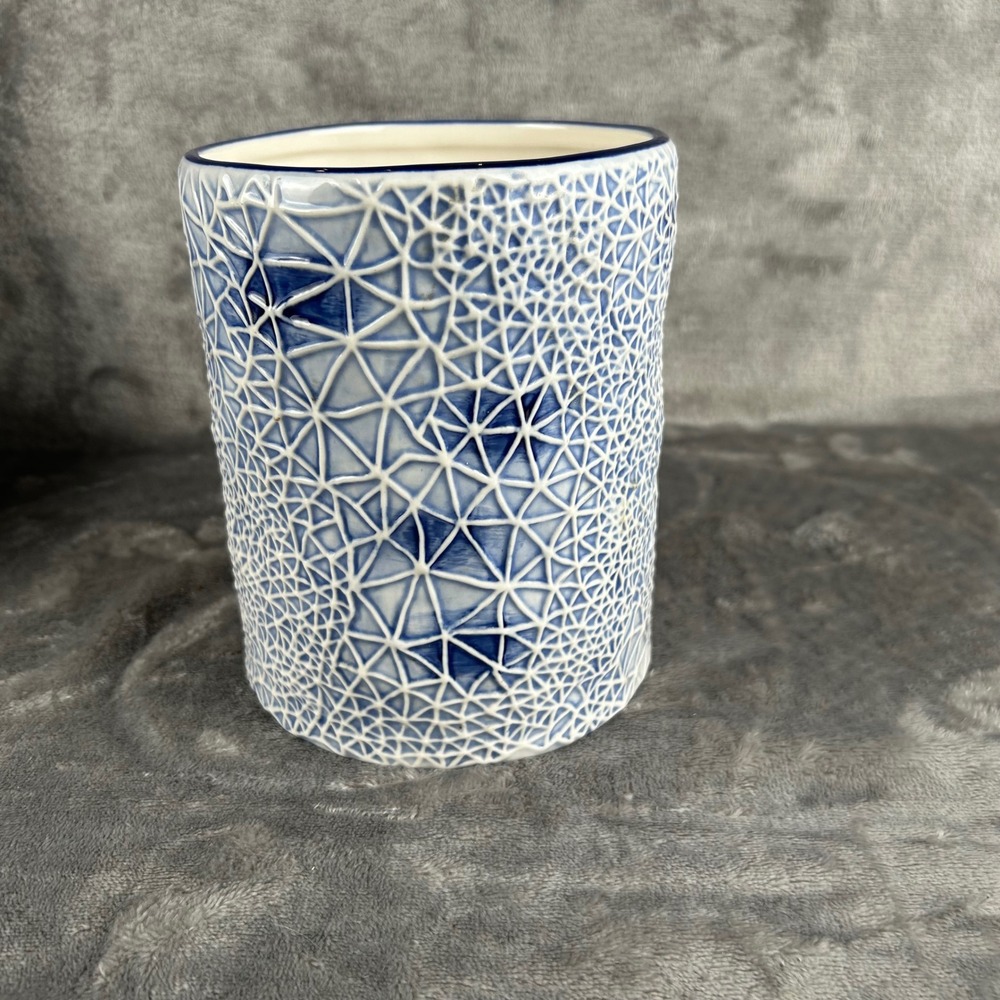 Cracker Barrel Blue White Geometric Textured Ceramic Utensil Holder Brush Pot